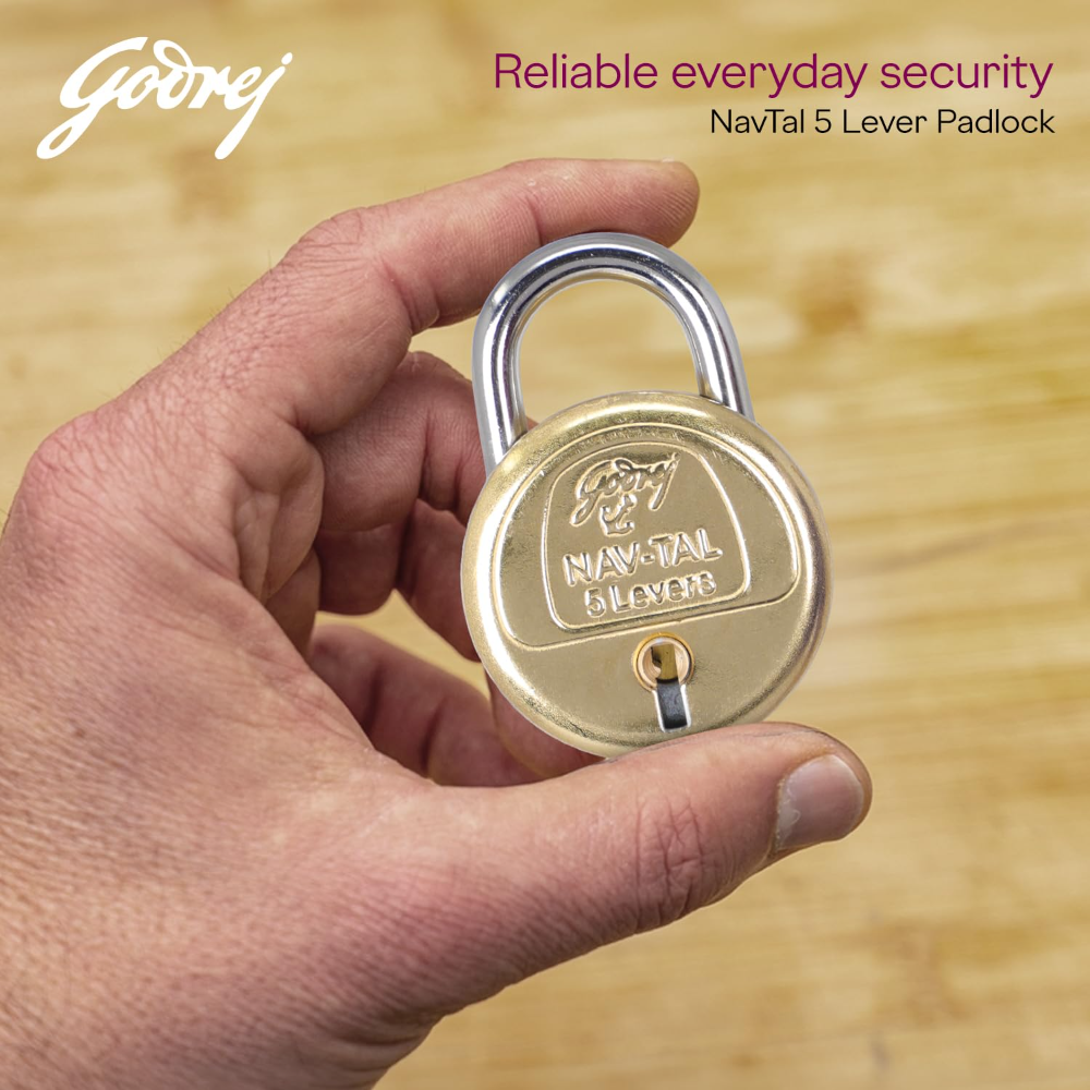 Godrej Padlock | Navtal 5 Lever Brass Padlock 40mm with 3 Keys | Strong Steel Shackle | Rust Resistant Lock for Main Door, Gates, Lockers, Cabinets, Travelling Bags & Tool Boxes | 1 Year Warranty
